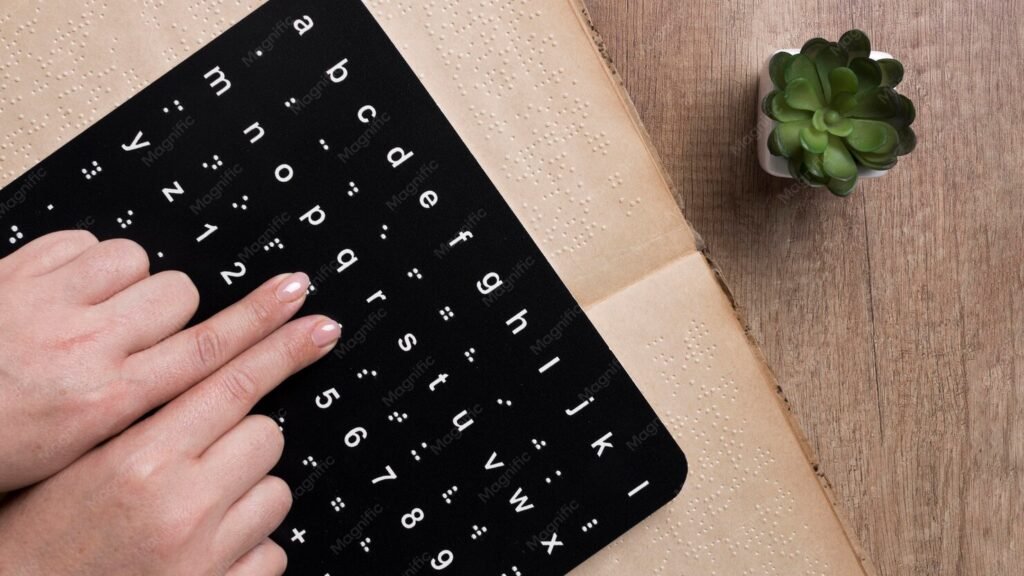 Unos dedos recorren un tablero con el alfabeto braille.