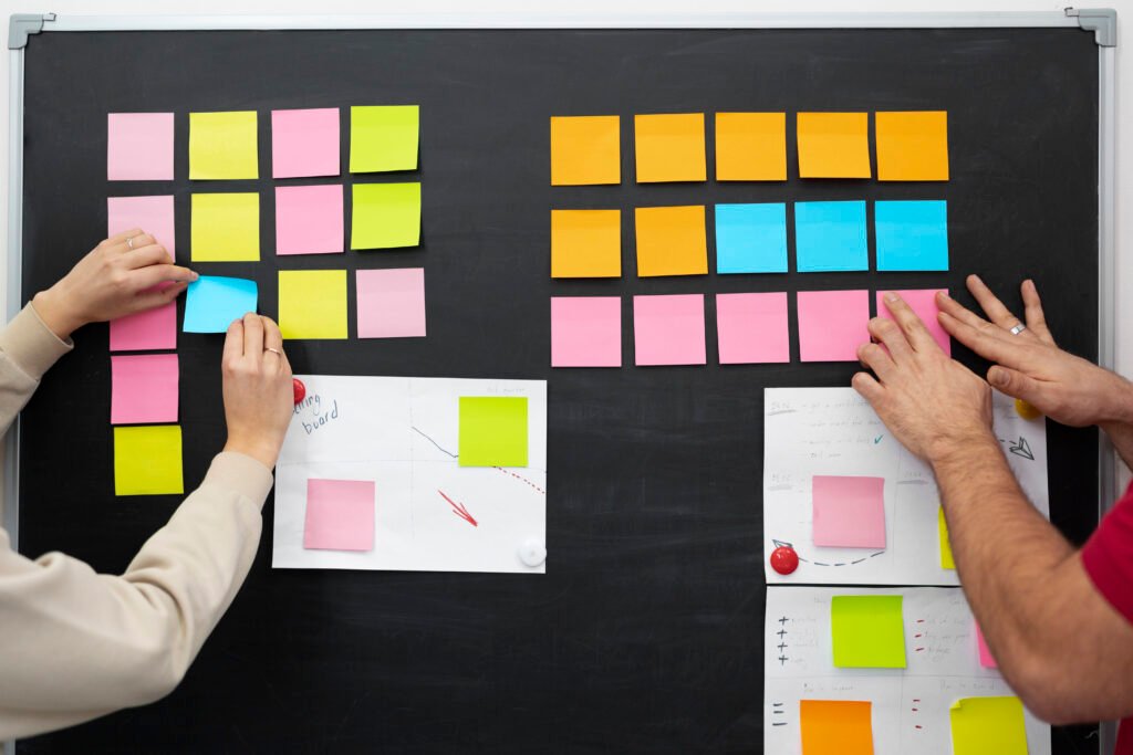 Varias personas organizan notas adhesivas de colores en grupos sobre una pizarra.