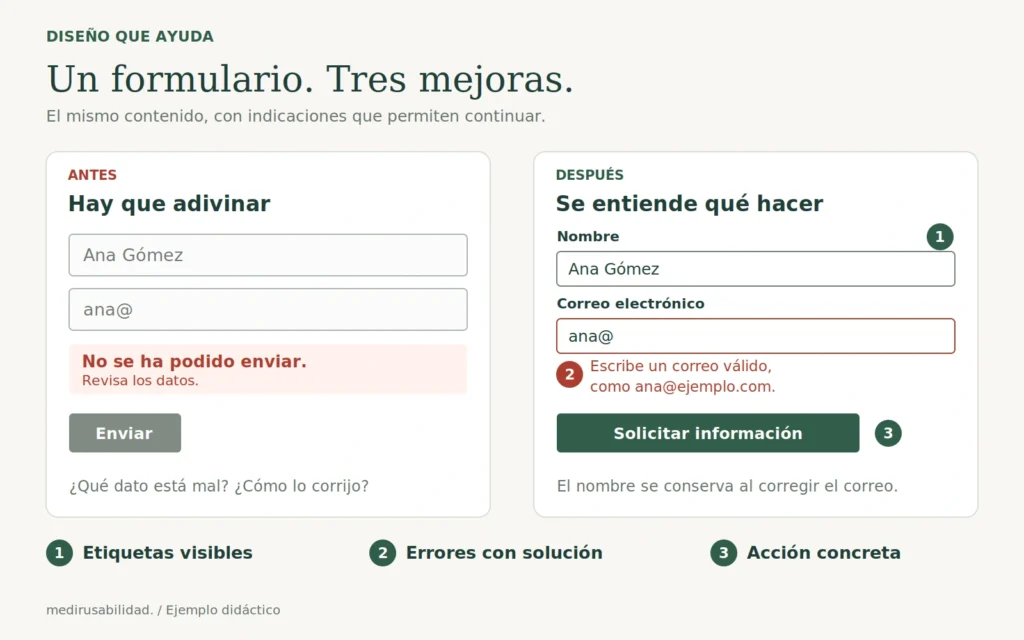 Comparación de un formulario: etiquetas persistentes, un error que indica cómo corregir el correo y un botón que dice Solicitar información.